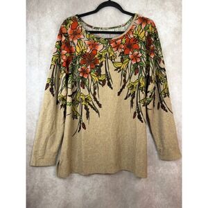 NWOT SIMONTON Says Women's Floral Print Long Sleeve Top XL Beige Brown